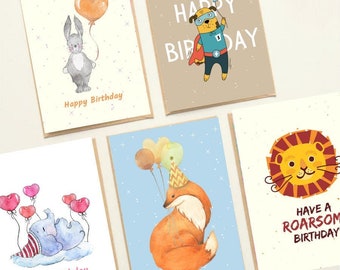 Cute Animal Happy Birthday Card Set. Happy Birthday Animal Cards. Animal Birthday Cards Set - Pack of 5 Handmade Greeting Cards