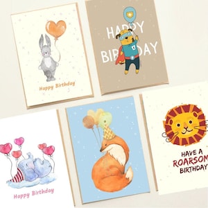 Juego de tarjetas de feliz cumpleaños con animales lindos. Tarjetas de animales de feliz cumpleaños. Set de Tarjetas de Cumpleaños de Animales - Pack de 5 Tarjetas de Felicitación Hechas a Mano