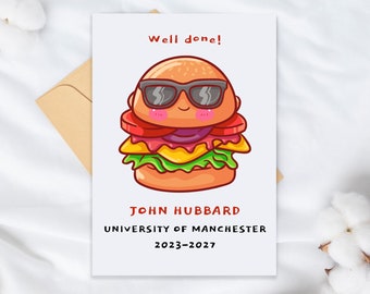 Personalised Burger Graduation Card - Well-done Celebration Card - Well done Graduation Card - University Graduation Card