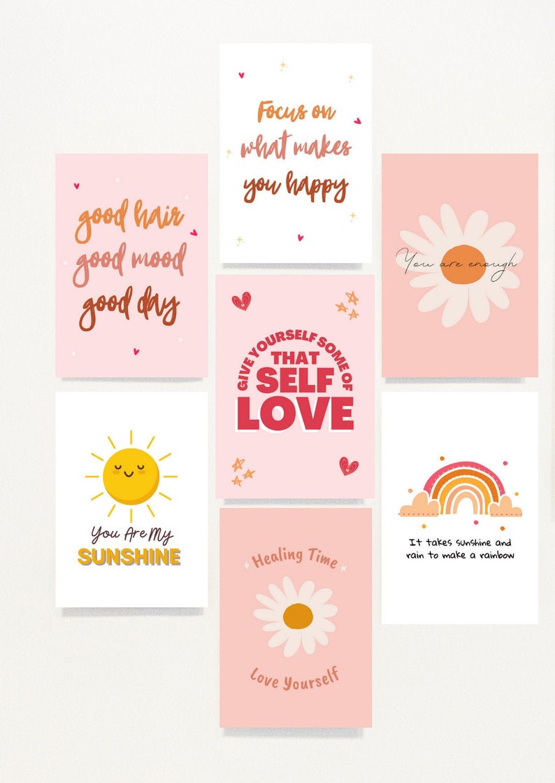 Set of 8 Positive Mini Prints. Motivational, self care, inspiration quotes. Wall decor card. A6 Positive Postcards. Self Love Positive Pack. image 1