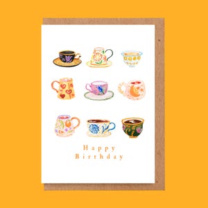 Carte d'heure du thé de joyeux anniversaire, carte d'anniversaire de tasses de thé, carte d'anniversaire d'amant de thé, carte d'anniversaire de service à thé