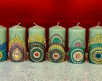 Set of 6 wax candles size 5.5" with henna design for Diwali décor, Thanksgiving décor and Christmas décor. Very popular as party favors.