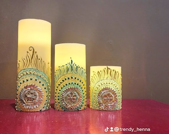 Set of 3 LED Flameless Candles - 8", 6", 4" Home Decor Christmas gifts Henna Candles Housewarming Thanksgiving Diwali sangeet party decor