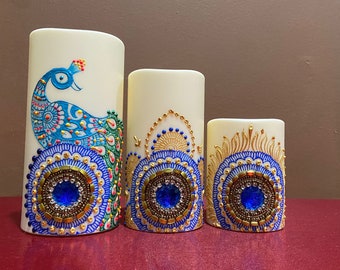 Set of 3 LED Flameless Candles with peacock design - 6", 5", 4". Use these as decor for home yoga studio, spa, salons, patio-deck or gift it