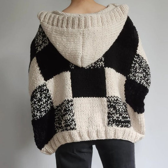 Hooded Black Patchwork Cardigan - Etsy Hooded Black Patchwork Cardigan - Etsy