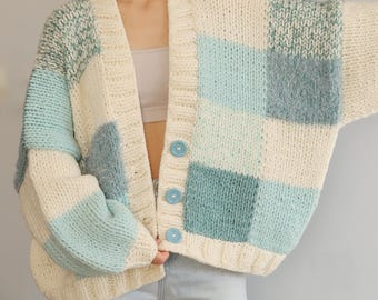 Light Mint Patchwork Cardigan - Hand Knitted Teal Chunky Cardigan, Cozy Knit Sweater | Custom Order
