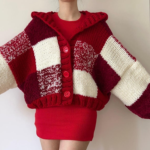 Hooded Red Velvet Patchwork Cardigan - Etsy Hong Kong