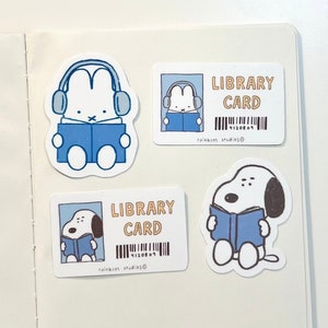 Cute Snoopy Miffy Peanuts Reading | Library Card Stickers - Glossy Vinyl Sticker for Water Bottle, Laptop, Gifts, Kindle, etc.