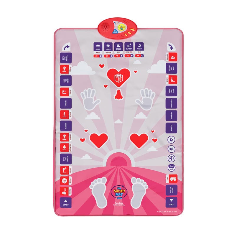 Pu&ograve; includere: Tappetino da preghiera rosa con un design colorato che presenta una moschea, cuori e nuvole. Il tappetino ha un altoparlante incorporato e pulsanti per riprodurre suoni e istruzioni. Il testo "My Salah Mat" &egrave; stampato sul tappetino.