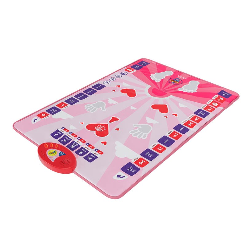 Pu&ograve; includere: Tappeto da preghiera rosa con un design colorato con cuori, nuvole e mani. Il tappeto ha un altoparlante incorporato e un pulsante sul lato.