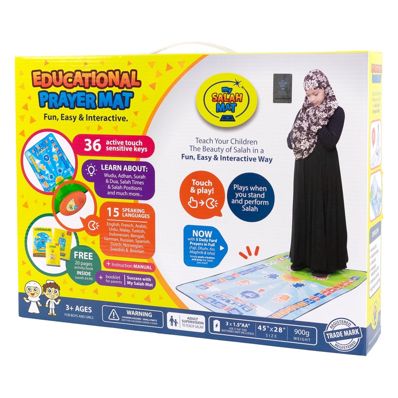 This is the Interactive Kids Prayer Mat in its box. On the box it  displays it has 15 languages pre-installed, 36 touch sensitive buttons and functions will allow you to learn about Wudu, Adhan, Dua, Salah Times and Salah Positions and much more.