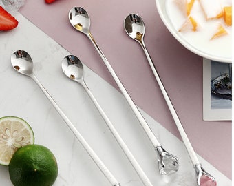 Long Handle Mixing Spoon, Beautiful Diamond Shape Head, 304 Stainless Steel, Cute Dessert Utensil, Food and Beverage, Blue and Orange Color