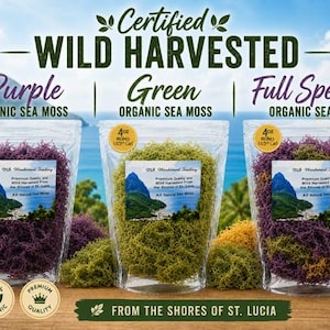 May include: Three clear pouches of organic sea moss labeled Purple, Green, and Full Spectrum. Each 4oz bag features a label with a mountain landscape and the text 'Premium Quality and Wild Harvested From the Shores of St. Lucia'.