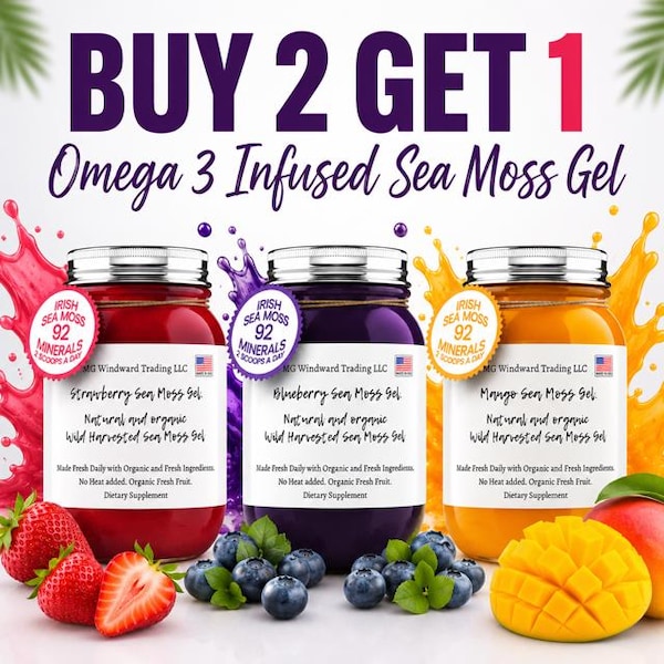 Buy 2 Get 1 Free!!  Organic Omega 3 Infused Certified Wild Harvested Organic Sea Moss Gel  Fruit Infused Options!