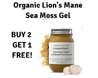 May include: A glass jar filled with a light brown gel, labelled "Lucinnsen Mossto Natural and Organic Wild Harvested Sea Moss Gel". The jar is sitting on a white surface with a small amount of dried sea moss to the left of the jar. The text "BUY 2 GET 1 FREE!" is written in black text on a white background.