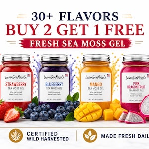 Buy 2 Get 1 FREE!! Fruit Infused Sea Moss Gel, Organic Wild Harvested Irish Sea Moss Gel, Dr Sebi Inspired Alkaline, 30+ Flavor Choices!