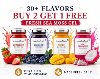 May include: Four glass jars of LucianSeaMossCo. sea moss gel in strawberry, blueberry, mango, and pink dragon fruit flavors. Each 16 oz jar features a white label with text, surrounded by fresh fruit and colorful splashes. Text includes 30+ FLAVORS, BUY 2 GET 1 FREE, FRESH SEA MOSS GEL, CERTIFIED WILD HARVESTED, and MADE FRESH DAILY.