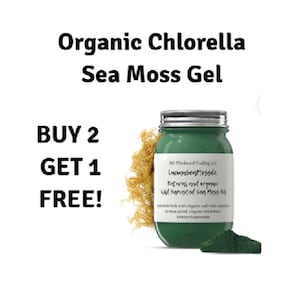 May include: A green glass jar with a silver lid filled with a green gel. The jar has a white label with the text "Luannsen Mosst Natural and organic Wild Harvested Sea Moss Gel" and "MC Windward Trading LLC". The jar is sitting on a pile of dried sea moss. The text "BUY 2 GET 1 FREE!" is in black text on a white background.