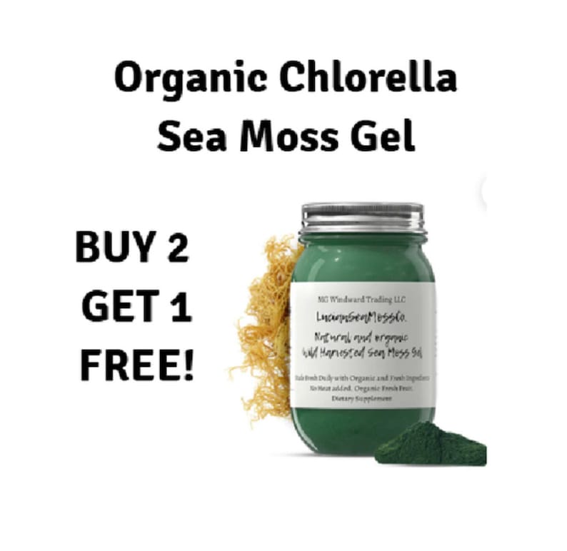 May include: A green glass jar with a silver lid filled with a green gel. The jar has a white label with the text "Luannsen Mosst Natural and organic Wild Harvested Sea Moss Gel" and "MC Windward Trading LLC". The jar is sitting on a pile of dried sea moss. The text "BUY 2 GET 1 FREE!" is in black text on a white background.