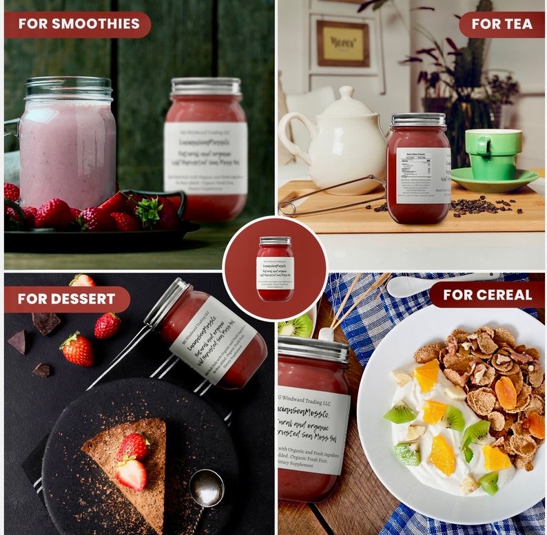 Op de afbeelding: Vier glazen potten gevuld met een rode vloeistof, met het label "Cranberry-Mango, met echte en biologische gedroogde zeewier, zeewier supplement". De potten worden op verschillende oppervlakken getoond, waaronder een houten tafel, een zwart oppervlak en een wit oppervlak. De potten zijn gelabeld met verschillende toepassingen, waaronder "Voor smoothies", "Voor thee", "Voor dessert" en "Voor ontbijt".