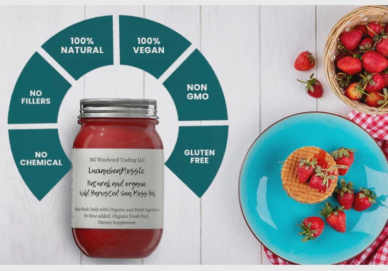 Pode incluir: Um frasco de vidro de gel de musgo marinho vermelho com um r&oacute;tulo escrito MG Windward Trading LLC, LucianSeaMossCo, Natural and organic Wild Harvested Sea Moss Gel. O texto ao redor inclui 100% Natural, 100% Vegan, Non GMO, Gluten Free, No Fillers, No Chemical.