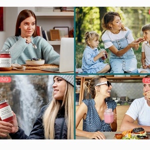 Pode incluir: Um frasco de vidro transparente com tampa prateada contendo uma subst&acirc;ncia vermelha e um r&oacute;tulo branco com texto preto. O r&oacute;tulo diz: "LemonadeFresh, Natural and Fresh, 100% Natural and Fresh". O frasco &eacute; exibido em quatro cen&aacute;rios: casa, piquenique, viagem e smoothie.