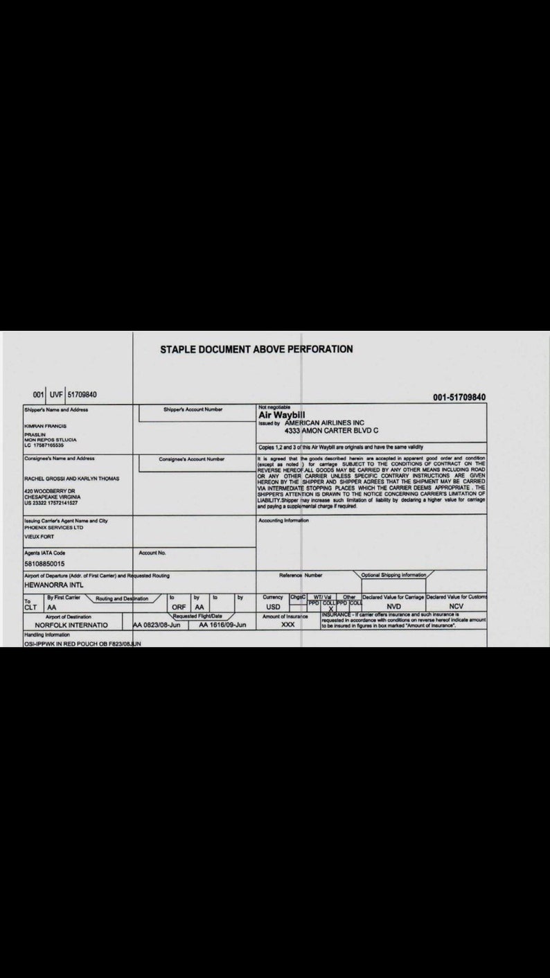 May include: A black and white American Airlines Air Waybill document featuring printed text fields for shipper and consignee information, routing details, and carrier terms. The form includes specific data for a shipment from UVF to ORF.