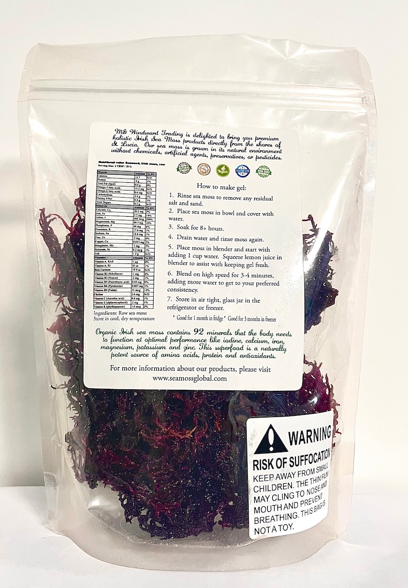 May include: A clear plastic pouch containing dried dark purple Irish sea moss. The front label features the text M&S Windward Trading, instructions on how to make gel, a nutritional table, and a warning label regarding risk of suffocation.