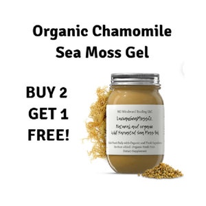 May include: A glass jar filled with a light brown sea moss gel. The jar has a white label with the text "Lucanusen Mossto. Natural and organic Wild Harvested Sea Moss Gel". The jar is sitting on a white surface with a small pile of dried chamomile flowers.