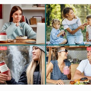 Op de afbeelding: Een collage van vier afbeeldingen die mensen laten zien die genieten van drankjes uit glazen potten met etiketten waarop staat "Homemade with love, Enjoy your meal!" in verschillende omgevingen. De eerste afbeelding toont een persoon die aan een tafel zit met een laptop, de tweede afbeelding toont een gezin dat geniet van een picknick, de derde afbeelding toont een persoon die wandelt in het bos en de vierde afbeelding toont een stel dat aan een tafel zit in een caf&eacute;.