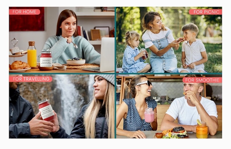 Op de afbeelding: Een collage van vier afbeeldingen die mensen laten zien die genieten van drankjes uit glazen potten met etiketten waarop staat "Homemade with love, Enjoy your meal!" in verschillende omgevingen. De eerste afbeelding toont een persoon die aan een tafel zit met een laptop, de tweede afbeelding toont een gezin dat geniet van een picknick, de derde afbeelding toont een persoon die wandelt in het bos en de vierde afbeelding toont een stel dat aan een tafel zit in een caf&eacute;.
