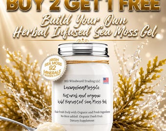 May include: A white jar of LucianSeaMossCo. natural and organic wild harvested sea moss gel with a label stating 92 minerals and made fresh daily. A silver spoon holds a portion of the gel in front of the jar, which features a gold twine accent.