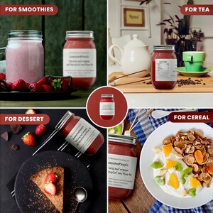 May include: Four glass jars filled with a red-colored liquid, labeled "Cranberry-Mango, with real and organic dried Sea Moss, Sea Moss Supplement". The jars are displayed on a variety of surfaces, including a wooden table, a black surface, and a white surface. The jars are labeled with different uses, including "For Smoothies", "For Tea", "For Dessert", and "For Cereal".