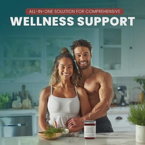 Pode incluir: Um pequeno frasco de vidro com um r&oacute;tulo branco contendo o texto 'ALL-IN-ONE SOLUTION FOR COMPREHENSIVE WELLNESS SUPPORT'. O frasco cont&eacute;m uma subst&acirc;ncia escura e est&aacute; sobre uma superf&iacute;cie branca ao lado de uma pequena tigela de madeira.