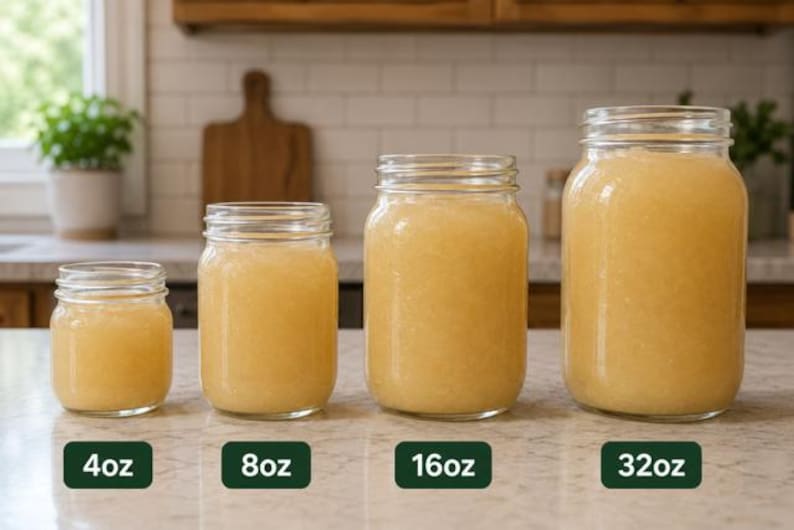 Pode incluir: Quatro frascos de vidro transparente cheios de um l&iacute;quido amarelo claro, dispostos em fila do menor para o maior. Os frascos est&atilde;o etiquetados com texto indicando as suas capacidades de 4oz, 8oz, 16oz e 32oz, mostrando a progress&atilde;o.