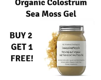 May include: A glass jar filled with a light brown gel, labeled "Lucinnsen Mossto. Natural and organic Wild Harvested Sea Moss Gel". The jar is surrounded by a light brown, stringy substance. The text "BUY 2 GET 1 FREE!" is in the upper left corner of the image.