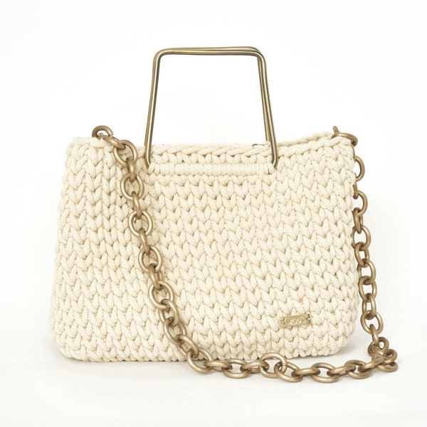 Crochet ecru handbag Tote bag with handles Handmade shoulder bag Large tote bag, Handbag with metal geometric handles Minimal style handbag