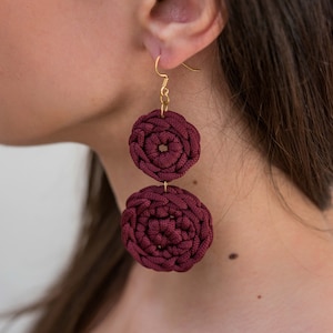 Red earrings dangle, Geometric round earrings, Statement earrings, Lightweight earrings, Handmade dark red earrings, Unique earrings dangle