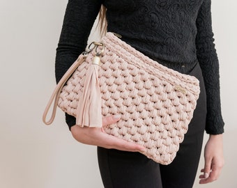 Beige wristlet bag, Handmade beige clutch, Clutch bag, Luxury clutch, Zipper clutch, Wristlet bag, Clutch with leather part