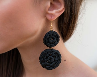 Black earrings dangle, Crochet handmade black earrings, Geometric circle earrings, Statement earrings