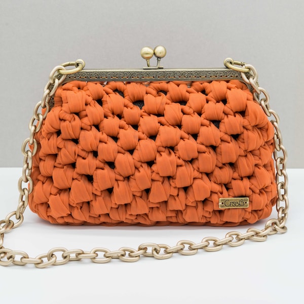 Orange Tasche, Clutch Rahmen, Gehäkelte Metall Gestell, Kisslock Tasche, Clip Frame Tasche, Kisslock Schultertasche, Rahmen Tasche, Chic Schultertasche