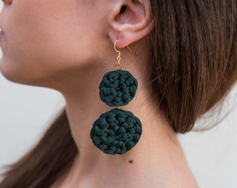 Dark green earrings dangle, Geometric round earrings, Statement earrings, Handmade dark green jewelry, Unique minimal earrings dangle