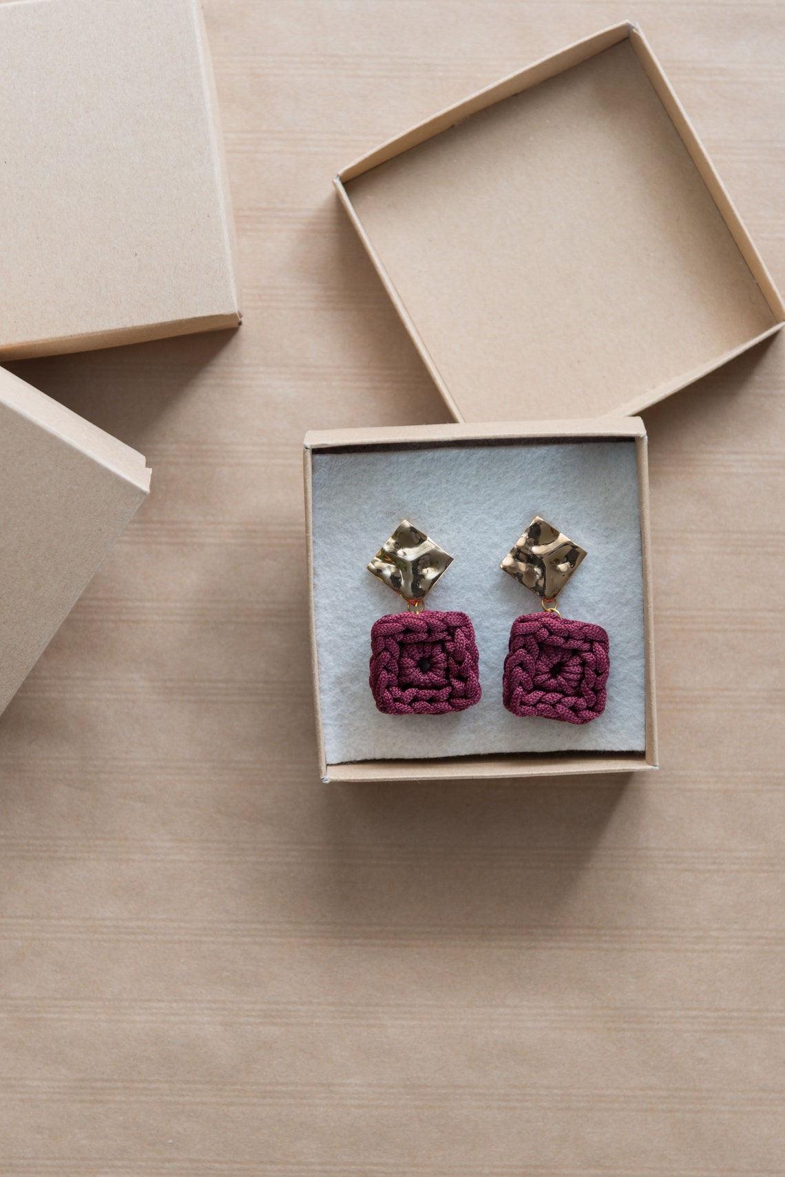 Dark Red Handmade Earrings Gold Crochet Earrings Gold Plated Etsy