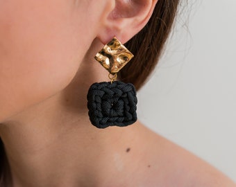 Black earrings, Handmade crochet earrings, Statement earrings Earrings dangle gold Square earrings  Woman jewelry Minimal geometric earrings