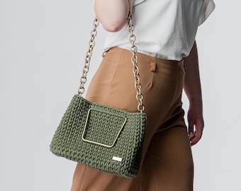 Crochet khaki handbag Tote bag with handles Handmade shoulder bag Large tote bag, Handbag with metal geometric handles Minimal style handbag