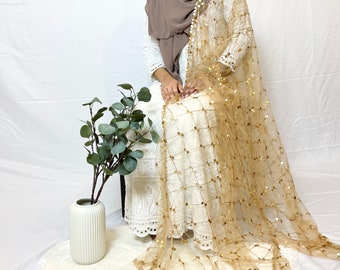 Gold Sequin Net Dupatta: Eid & Mehndi Scarf