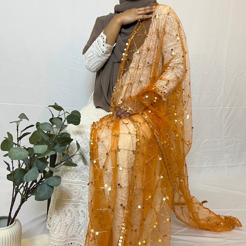 Gold Sequin Net Dupatta: Eid & Mehndi Scarf Mustard