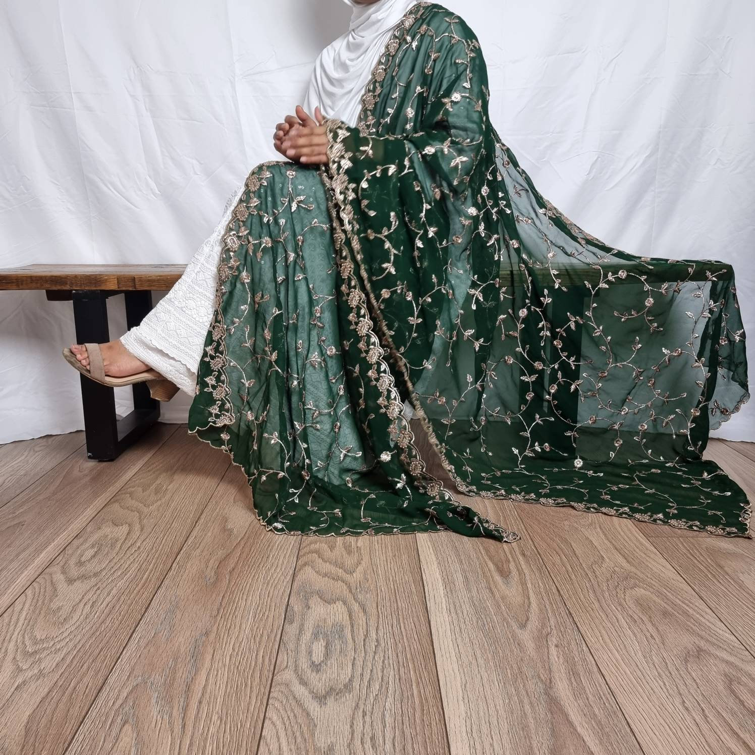 Ecru Colourful Glitter Floral Print Dupatta