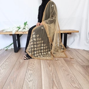 Gold Net dupatta with gold work and mirror work and tassels. Nikkah dupatta, bridal dupatta, nikkah veil PLEASE READ DESCRIPTION