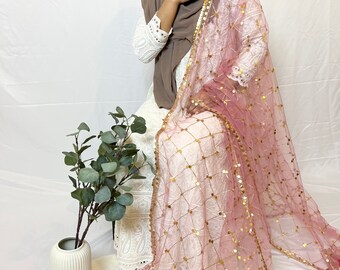 net dupatta with circle gold sequin patchwork and along the border. Eid and Mehndi dupatta.PLEASE READ DESCRIPTION